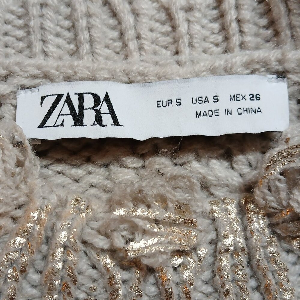 ZARA Cream with Metallic Gold Shimmer Wool Blend Crop Crew Cable Knit Sweater - Picture 8 of 12